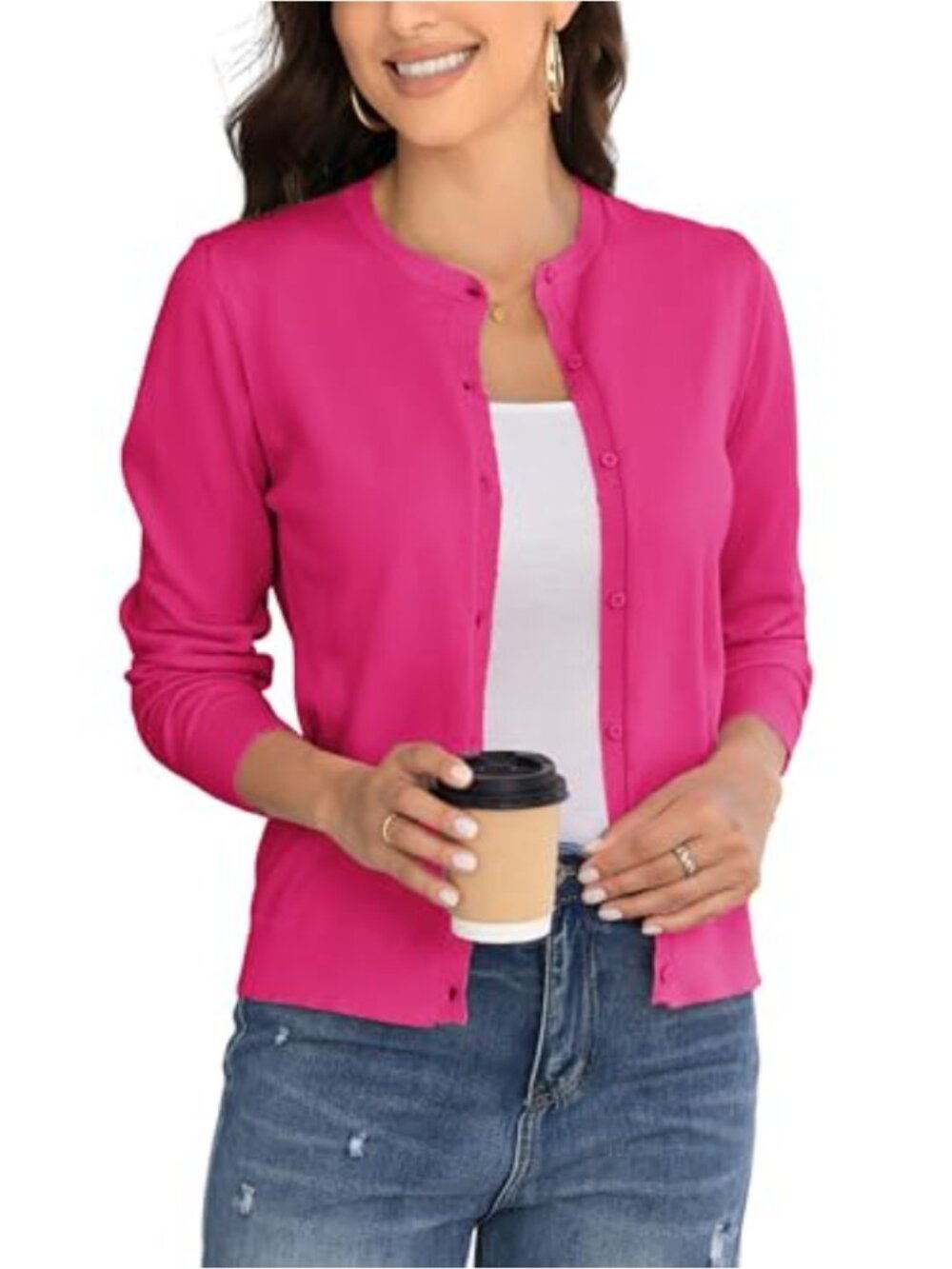 Women's Crew Neck Button Down Long Sleeve Cardigan Soft Casual Knit Sweater Coat